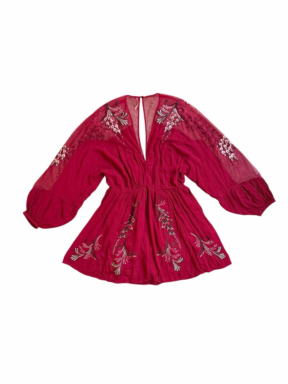 Free People Bonjour Embroidered Plunging V Neck Sheer Balloon Sleeve Mini Dress